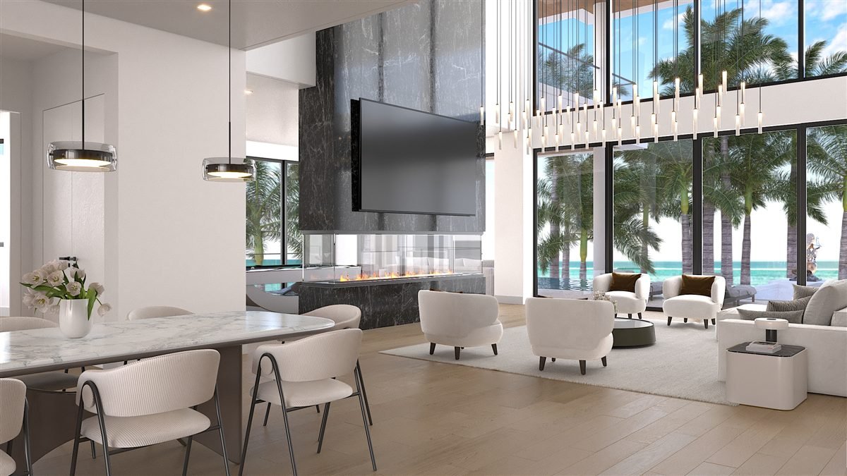 Double-height living room with tall windows and contemporary furniture