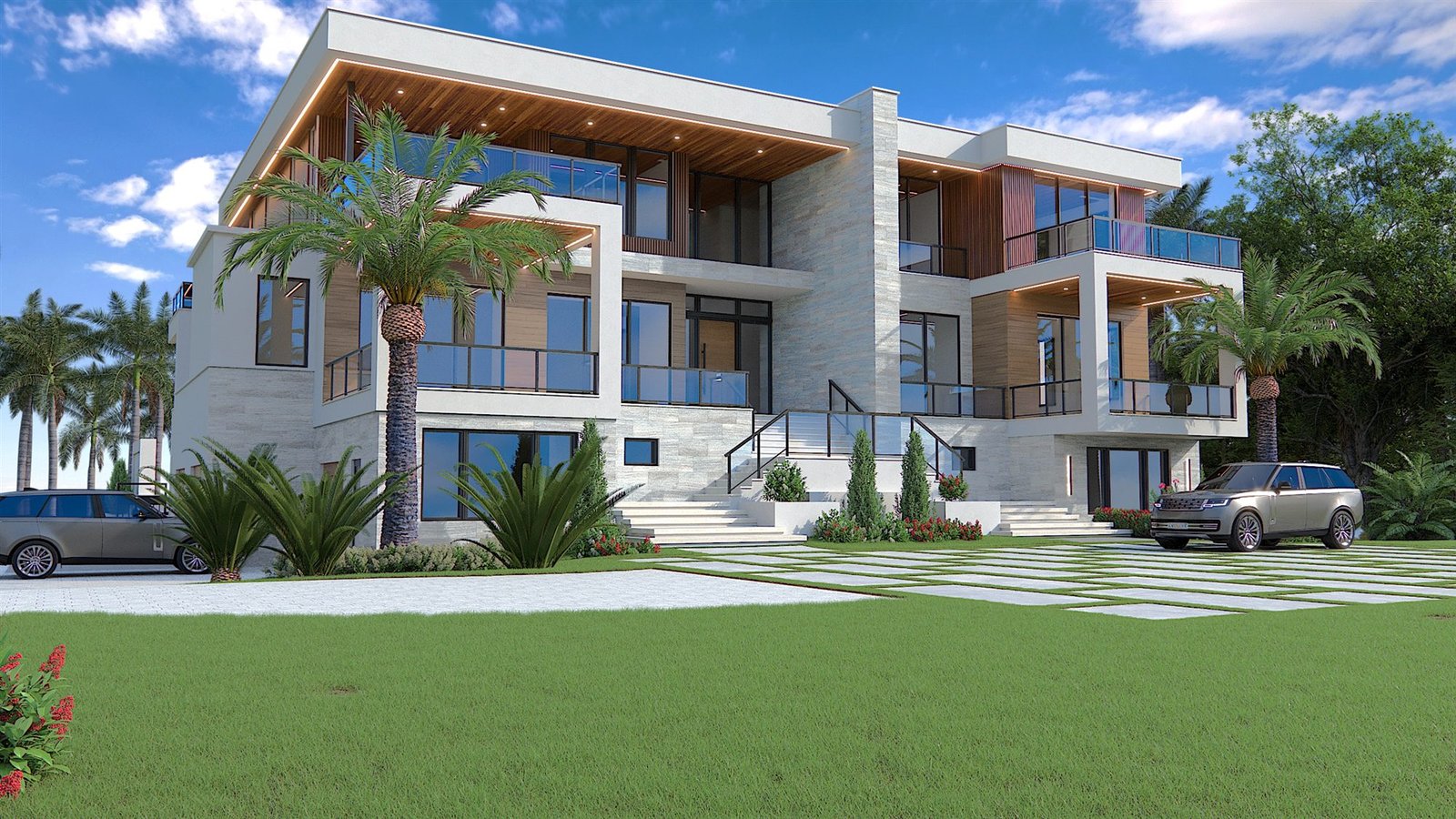 Architectural rendering of a contemporary coastal residence with timber soffits, glass balconies and tropical planting