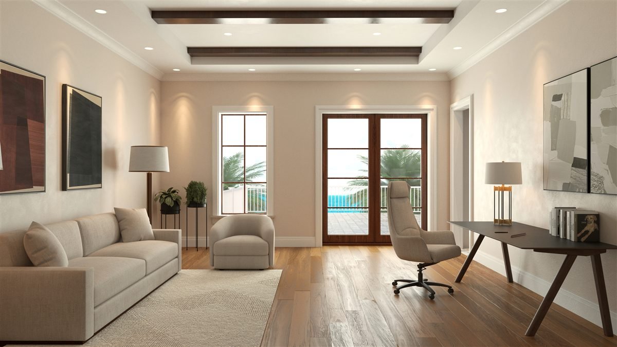 Bright home office with timber ceiling beams and lounge seating